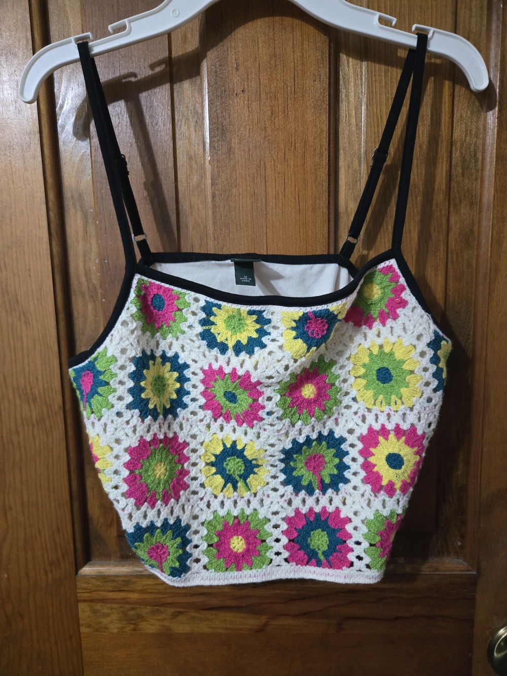 wild fable Crochet Floral Square Camisole - White with Pink, Yellow, Green, Blue